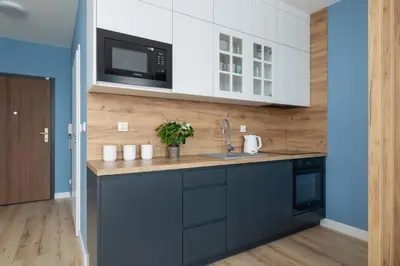 a kitchen with a sink and a microwave at Pink & Blue Cozy Studio in Kraków by Noclegi Renters in Kraków