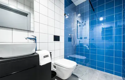 a blue and white bathroom with a toilet and a shower at 1-bedroom apartment with an AC - Dietla 51 street in Kraków