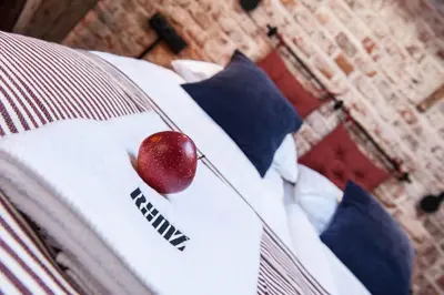 a bed with blue pillows and a red apple on it at 1-bedroom apartment with an AC - Dietla 51 street in Kraków
