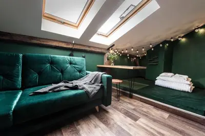 a living room with a green couch and a bed at Studio with an AC - Dietla 51 street in Kraków