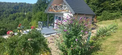 a small house with a porch and some flowers at Domek na Brzeziu in Limanowa