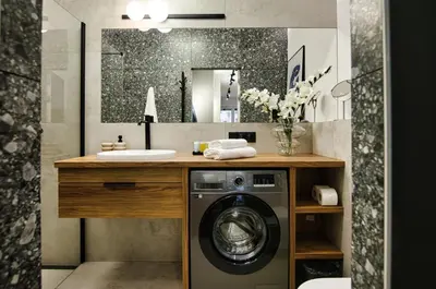 a bathroom with a washing machine and a sink at Apartament Indigo 11 by Housine in Zator