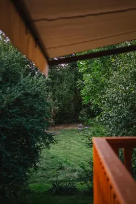 a view of a garden from the porch of a house at Chata pod Szczeblem in Lubień