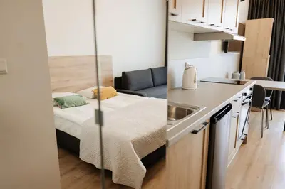 a small apartment with a bed and a kitchen at Zakrzówek Residence in Kraków