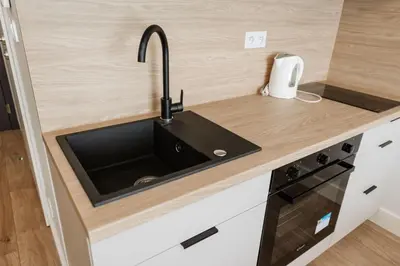 a kitchen with a black sink and a counter at Zakrzówek Residence in Kraków