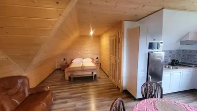 a attic room with a bed and a kitchen at Chata Drapula - Gospodarstwo Agroturystyczne - Apartament na wyłączność z widokiem na góry i aneksem kuchennym in Zawadka