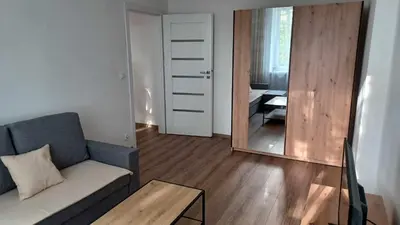 a living room with a couch and a mirror at Good Apartament Skawina in Skawina