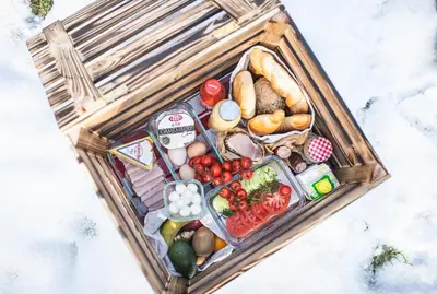 a wooden box filled with vegetables and other foods at Domki pod Krakowem - Stare Sady in Kopytówka