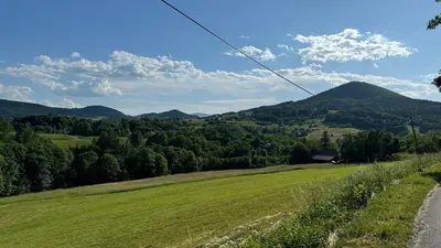 a green field with mountains in the background at Dom w Starym Sadzie z basenem i sauną - Beskid Wyspowy in Nowe Rybie