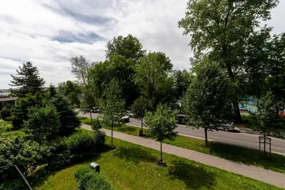 a view of a street with trees and a sidewalk at Olsza Comfy Apartment by BookingHost in Kraków