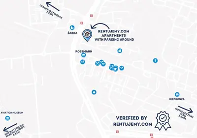 a map of the new jerusalem covenantyards with parking arrows at Kraków Czyżyny - Terrace by Rentujemy in Kraków