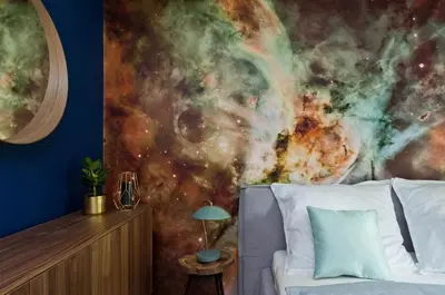 a living room with a galaxy mural on the wall at Charming Apartment with balcony, Jewish District in Kraków