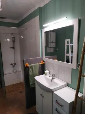 a bathroom with a sink and a mirror and a shower at Dom pod Galazka in Bochnia