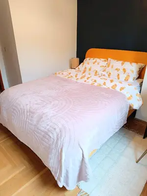a bedroom with a bed with a white comforter at Coco Chanel Cosy 45 m2 city centre fast wifi in Kraków