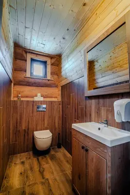 a bathroom with a sink and a toilet at Dom z bali - Serafinówka in Tęgoborze