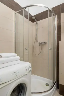 a washing machine in a bathroom with a shower at Wielopole 7 - 1 bedroom - OLD TOWN in Kraków