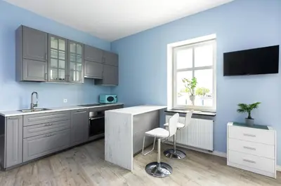 a kitchen with gray cabinets and a blue wall at Pawia Apartments Studio in Kraków