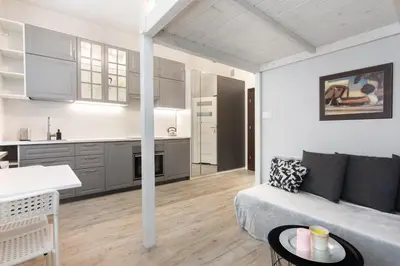 a living room with a couch and a kitchen at Pawia Apartments Studio in Kraków