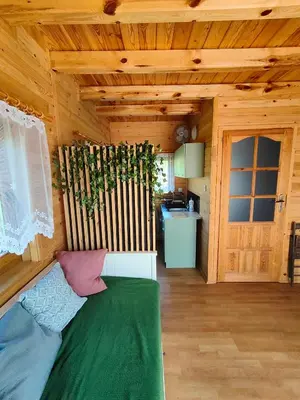 a living room with a green couch in a cabin at Domek na Grządce in Bieńkówka
