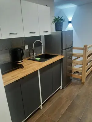 a kitchen with a sink and a counter top at Stylove Apartamenty in Kocierz Rychwałdzki