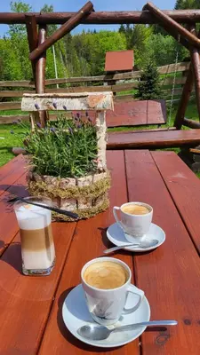 two cups of coffee sitting on a wooden table at Stylove Apartamenty in Kocierz Rychwałdzki