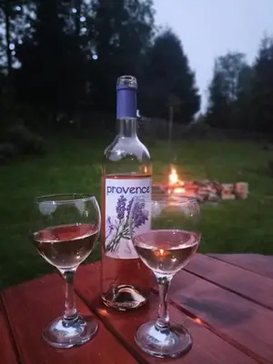 two wine glasses sitting on a wooden table with a bottle of wine at Stylove Apartamenty in Kocierz Rychwałdzki