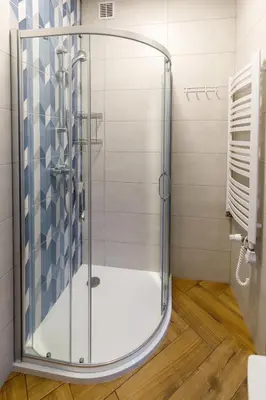 a shower with a glass door in a bathroom at Green Door in Oświęcim