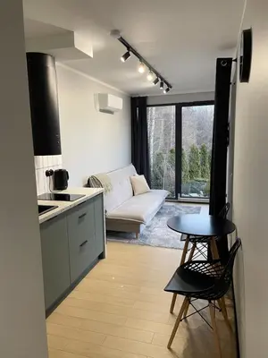 a kitchen and living room with a couch and a table at Kontener 15G in Skawina