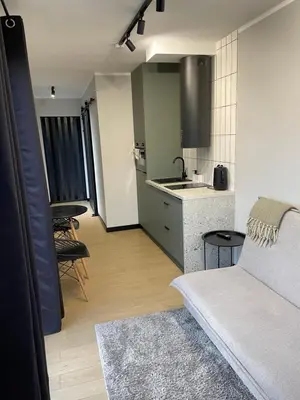 a living room with a couch and a kitchen at Kontener 15G in Skawina