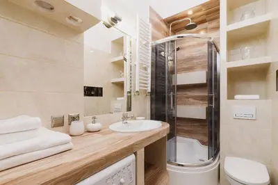 a bathroom with a shower and a sink and a toilet at Kazimierz - 34 Dietla street in Kraków