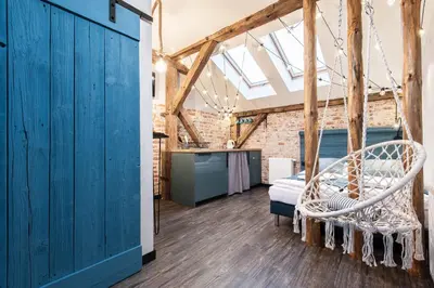 a room with a swing in a room with blue walls at Kazimierz District - Dietla 51 street in Kraków