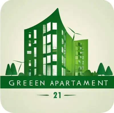 a green apartment building with a green apartment sign at Green apartament 21 in Oświęcim