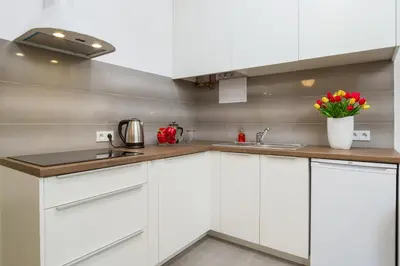 a kitchen with white cabinets and red flowers in a vase at Apartment with City View - Dietla 68 street in Kraków