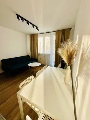 a kitchen with a black refrigerator and white cabinets at Apartament Powstańców 19 in Oświęcim