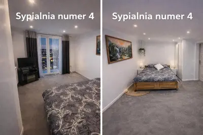 two pictures of a bedroom with a bed and a room with at Dom u Teresy in Harkabuz