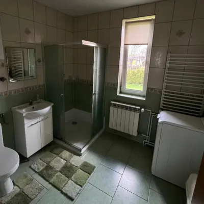 a bathroom with a shower and a sink and a toilet at Pogodny Dom in Włosienica