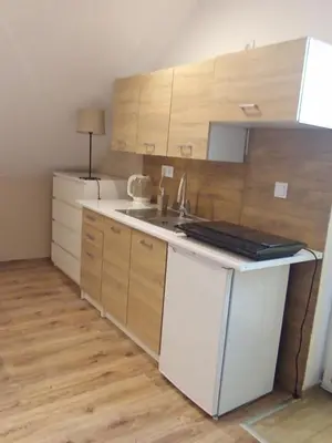 a kitchen with a sink and a counter top at Blisko Energylandii in Zator
