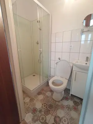 a bathroom with a shower and a toilet and a sink at Blisko Energylandii in Zator