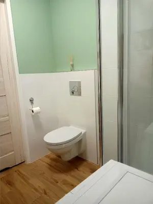 a white bathroom with a toilet and a shower at Gawlasoowka in Inwałd