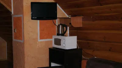 a room with a microwave and a tv on a stand at Willa Pod Dębami - SALA ZABAW - Małpi Gaj - blisko centrum in Rabka