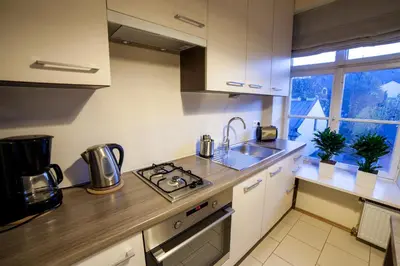 a kitchen with a sink and a stove top oven at Place 4 You Apartments in Kraków