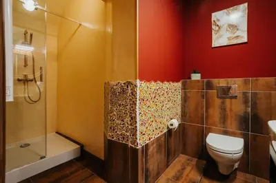 a bathroom with a toilet and a shower at Apartament Shahrazad in Kraków