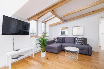 a living room with a couch and a tv at 2 bedroom Apartment with terrace- Piłsudskiego 11 in Kraków
