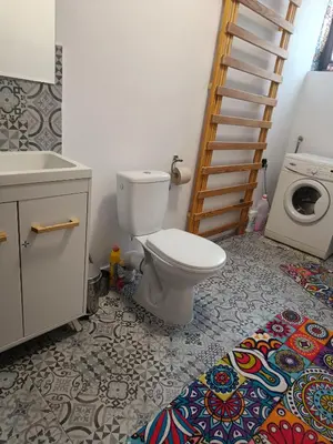 a bathroom with a toilet and a washing machine at Dom pod Krakowem - zacisze wsi 20 minut samochodem od centrum Krakowa in Pekowice