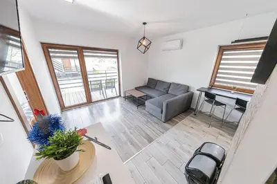 a living room with a couch and a table at Energylandia Apartamenty u Agi D in Zator