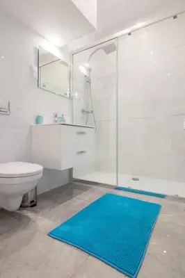 a bathroom with a shower and a blue rug at One Bedroom Apartment - Dluga 30 street in Kraków