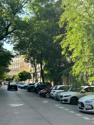 a row of cars parked on the side of a street at Vintage Charm in Old Town Krakow Józefa Sarego apt A in Kraków