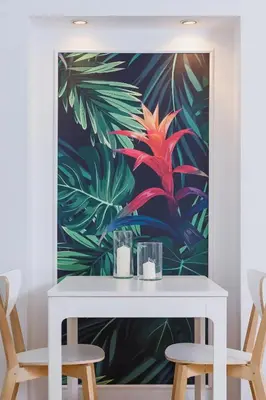a white table with two chairs in front of a tropical painting at Private Parking - Old Town - Św Krzyża 16 Street in Kraków
