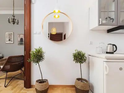 a kitchen with two potted plants and a mirror at Main Square Apartment - Private Parking - Św Krzyża 16 in Kraków