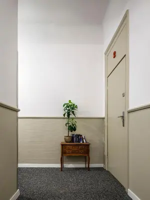 a hallway with a door and a plant on a table at Yellow Studio - Kochanowskiego in Kraków